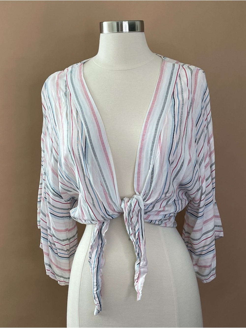 Japna Striped Tie Front Crop Top Bell Sleeve Boho Beach Large